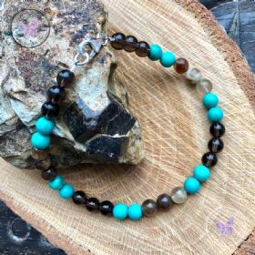 Men’s Smokey Quartz, Petrified Wood & Turquoise Beaded Bracelet